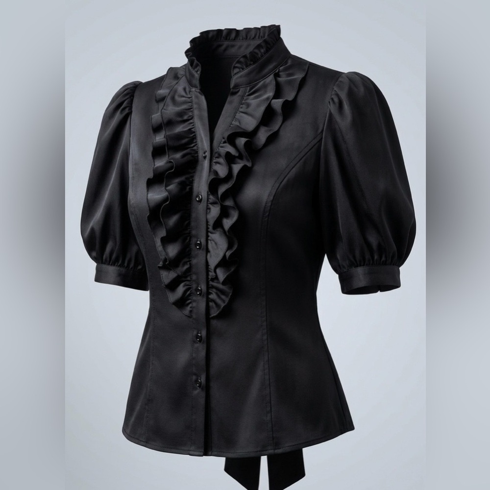 Nanette Lepore Vintage Victorian Inspired Black Ruffled 100% Silk Blouse Size 6